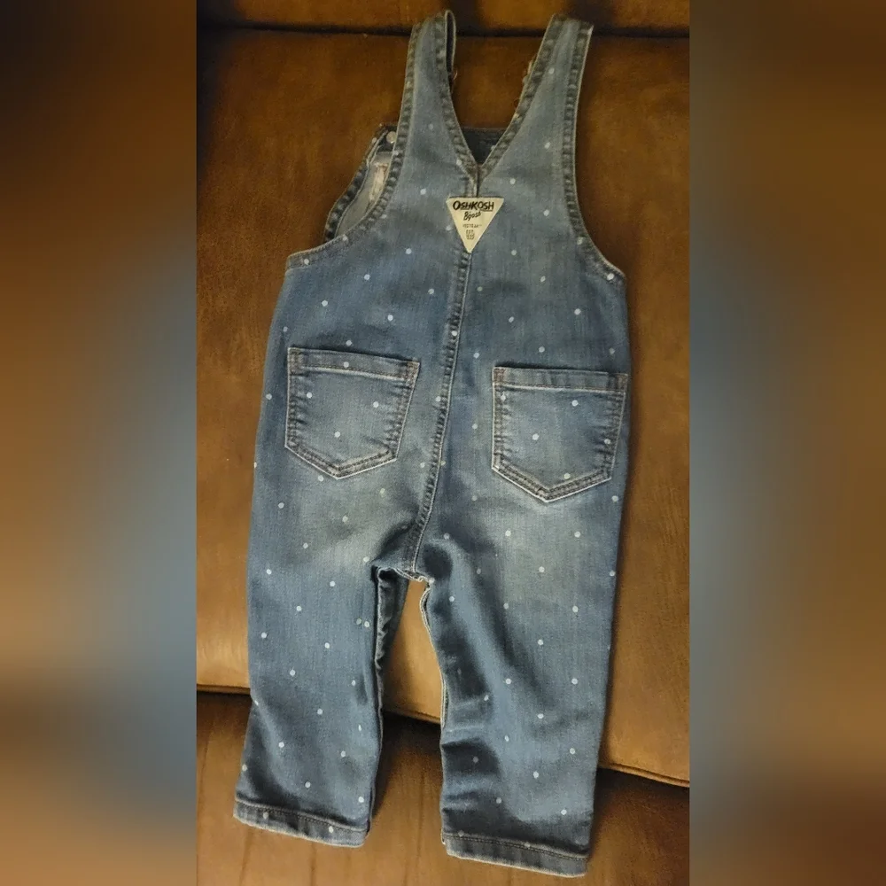 OshKosh B'gosh Girls Denim Overalls, Blue&White Polka Dot, Farm Country 12 Month